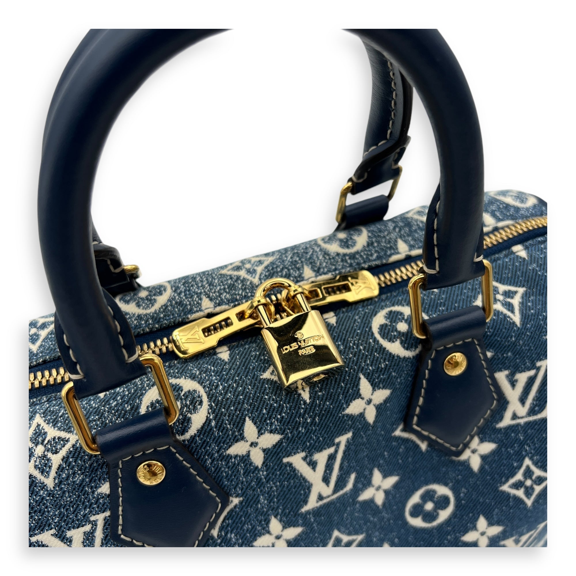 Speedy Top Handle Bag 30 Blue in Denim, Gold hardware