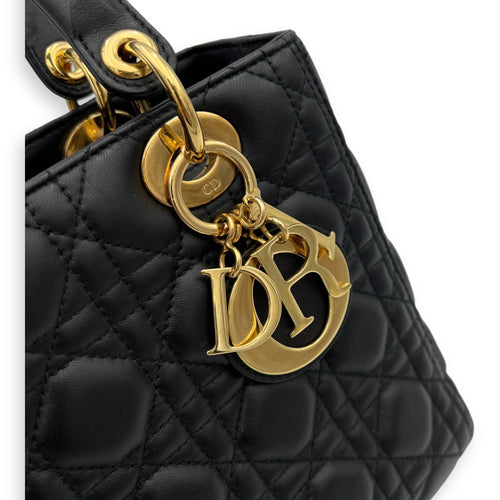 Lady Dior Medium Black Top Handle Bag in Lambskin, Gold hardware