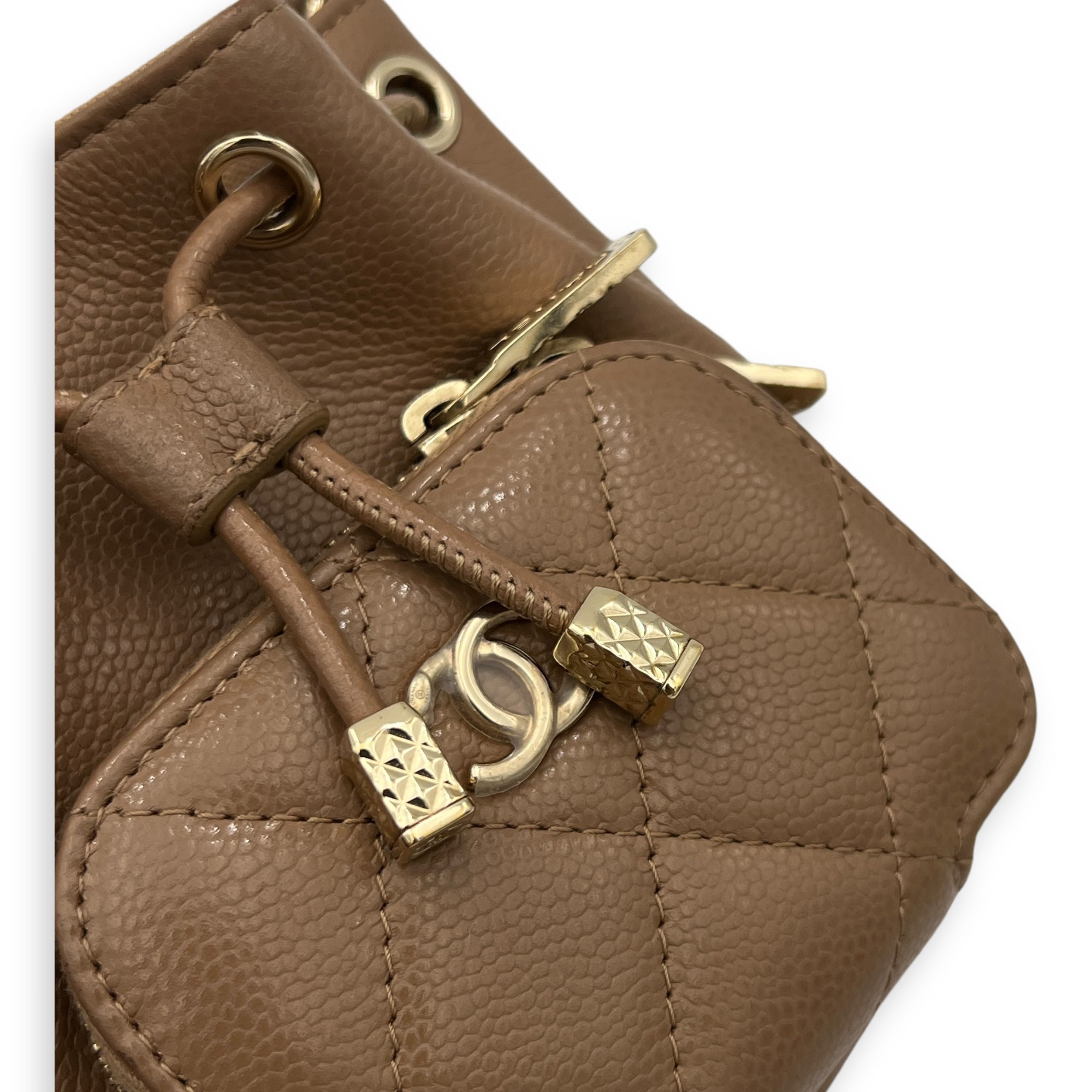 Business Affinity Mini Brown Bucket Bag in Caviar Leather, Gold hardware