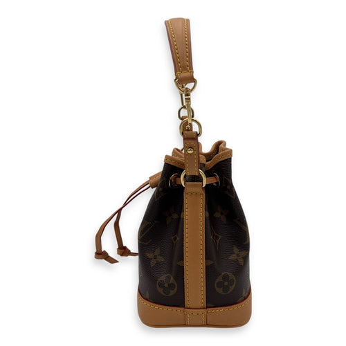 Noe Nano Brown Bucket Bag in Monogram Coated Canvas, Gold hardware