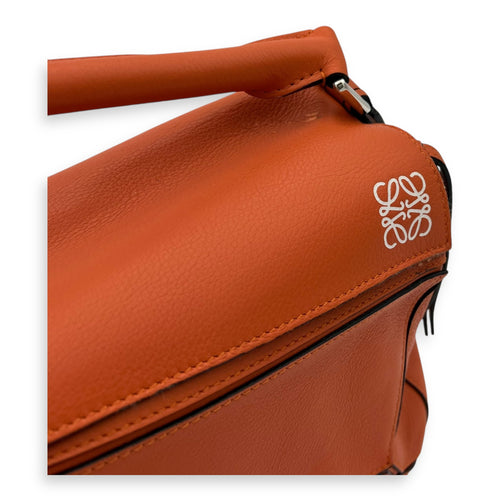 Puzzle Medium Orange Top Handle Bag in Calfskin, Silver hardware