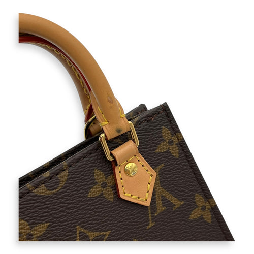 Sac Plat Mini Brown Top Handle Bag in Monogram Coated Canvas, Gold hardware