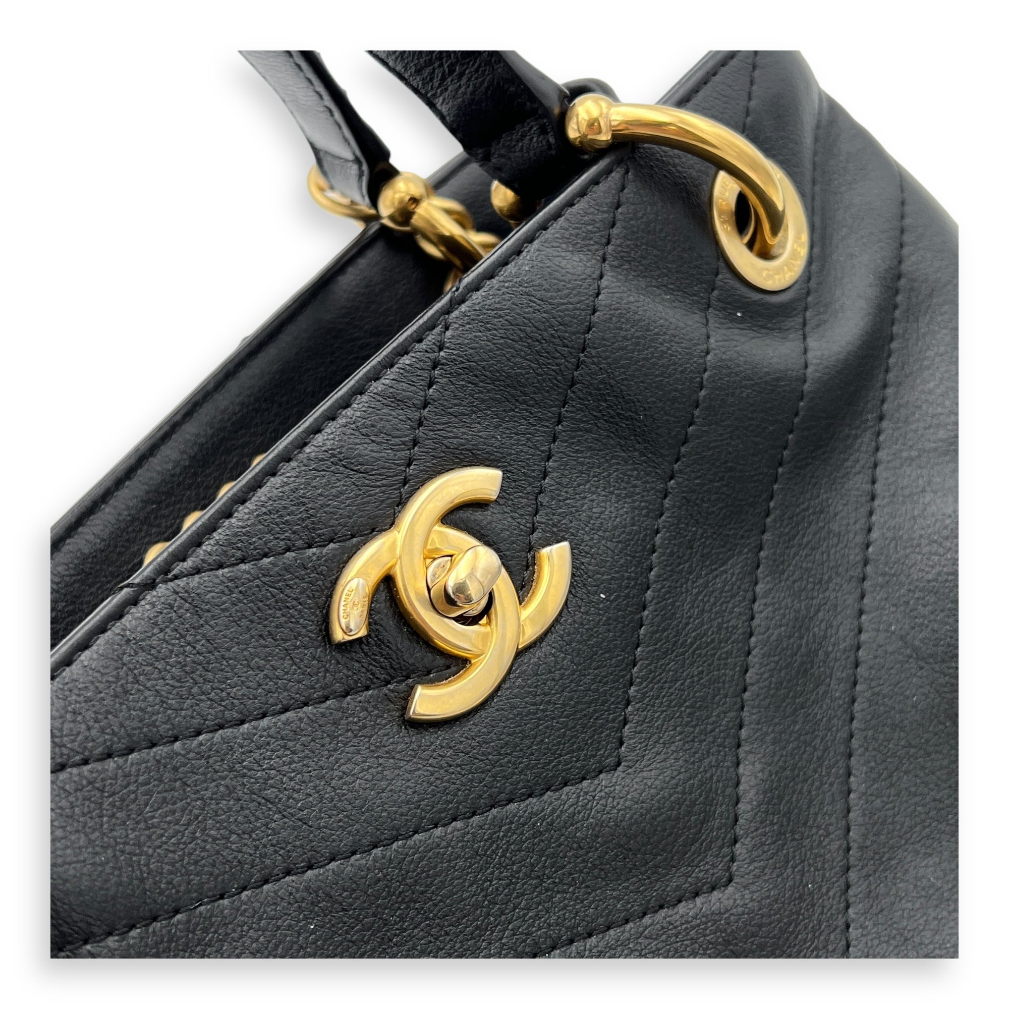 V Stitch Top Handle Bag Black in Calfskin, Gold hardware