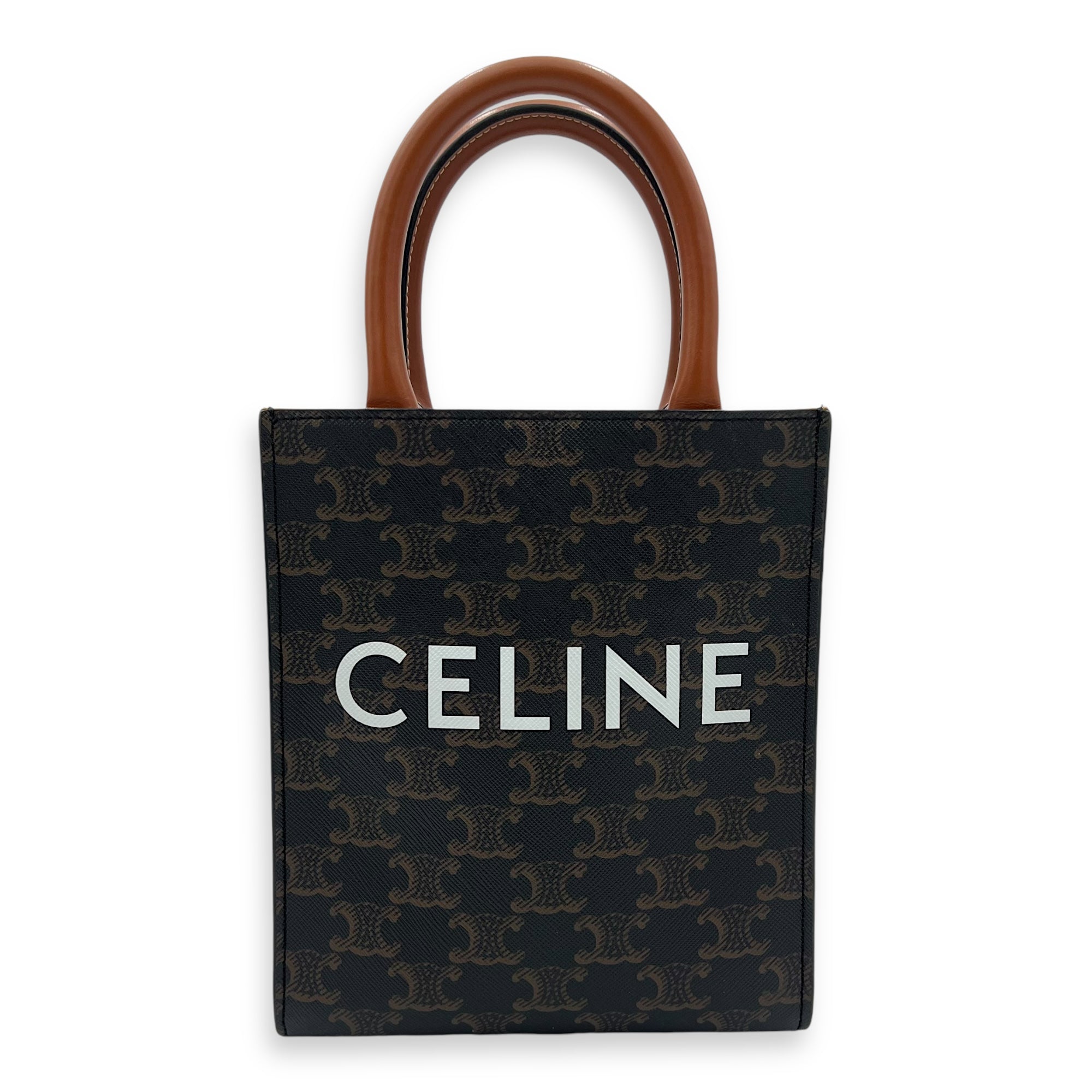 Celine Triomphe Mini Brown Top Handle Bag in Coated Canvas, Gold hardware_1