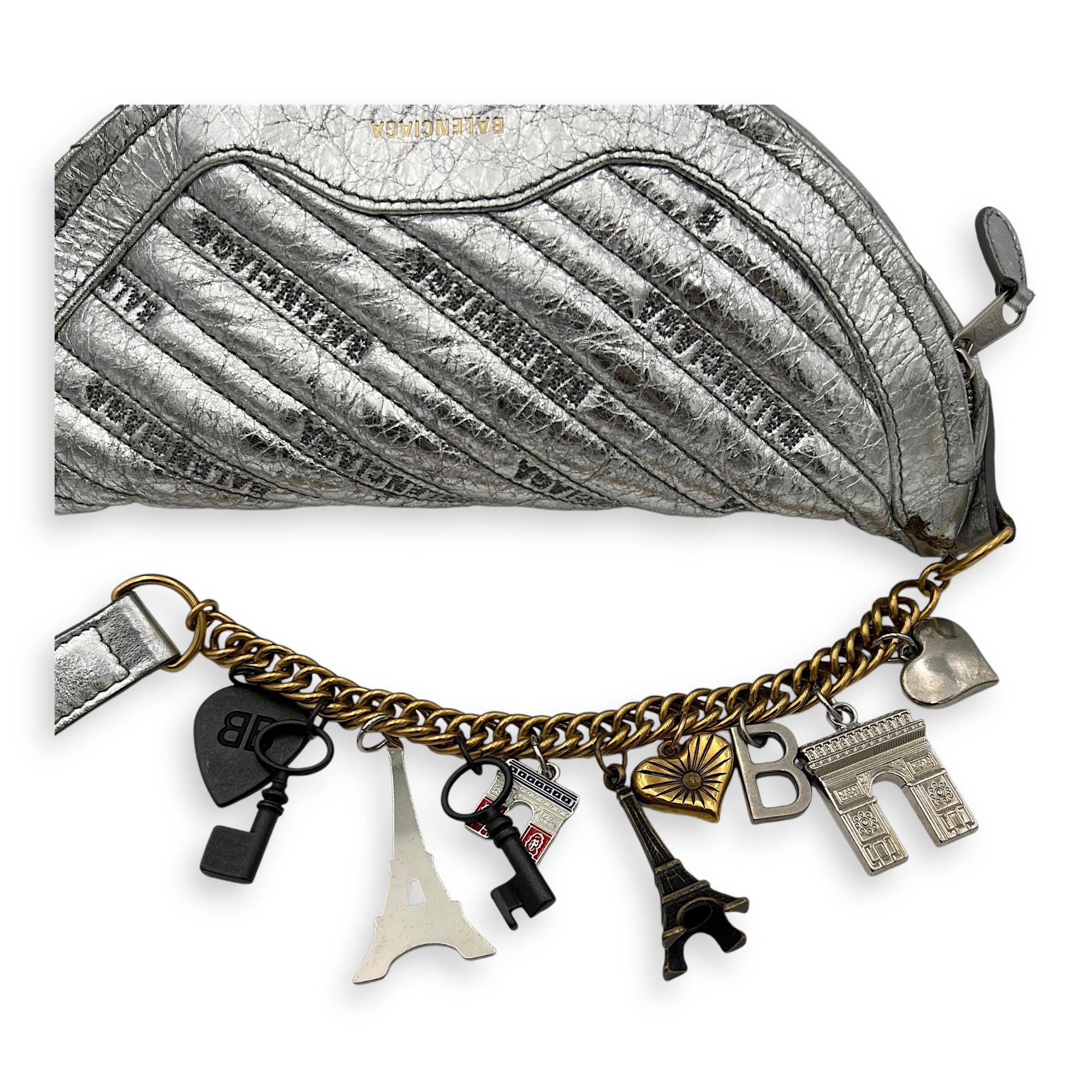 Balenciaga Souvenir Charm Belt Bag Silver in Calfskin, Gold hardware_9