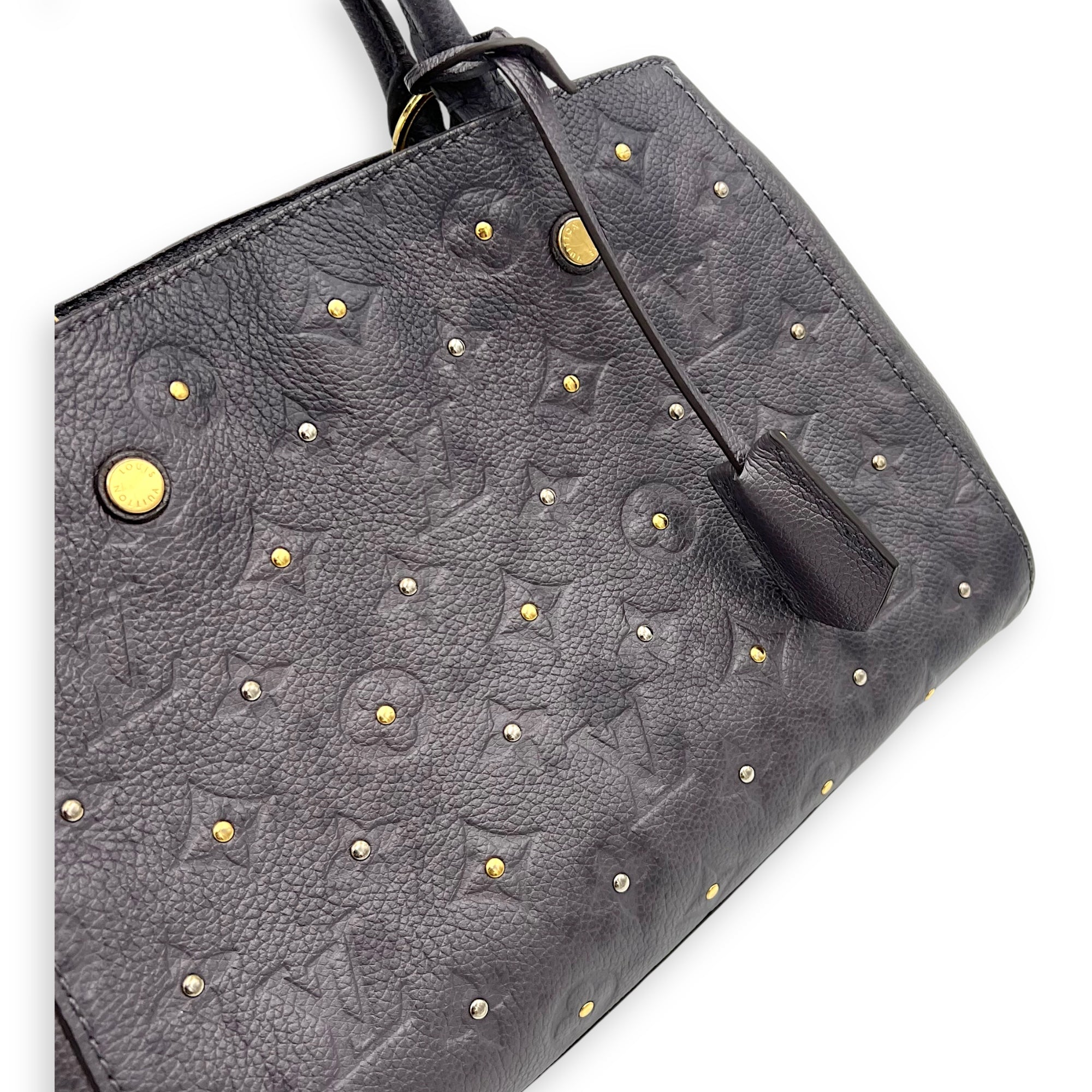 Louis Vuitton Montaigne Top Handle Bag BB Grey in Empreinte Leather, Gold hardware_6