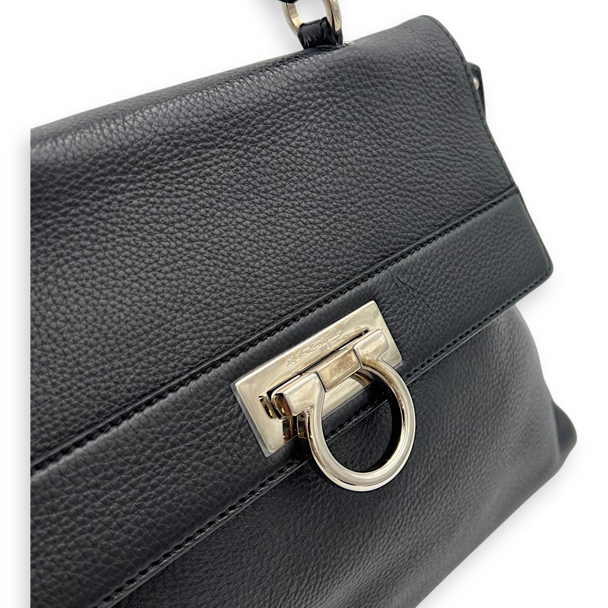 Salvatore Ferragamo Sofia Black Top Handle Bag in Calfskin, Silver hardware_6