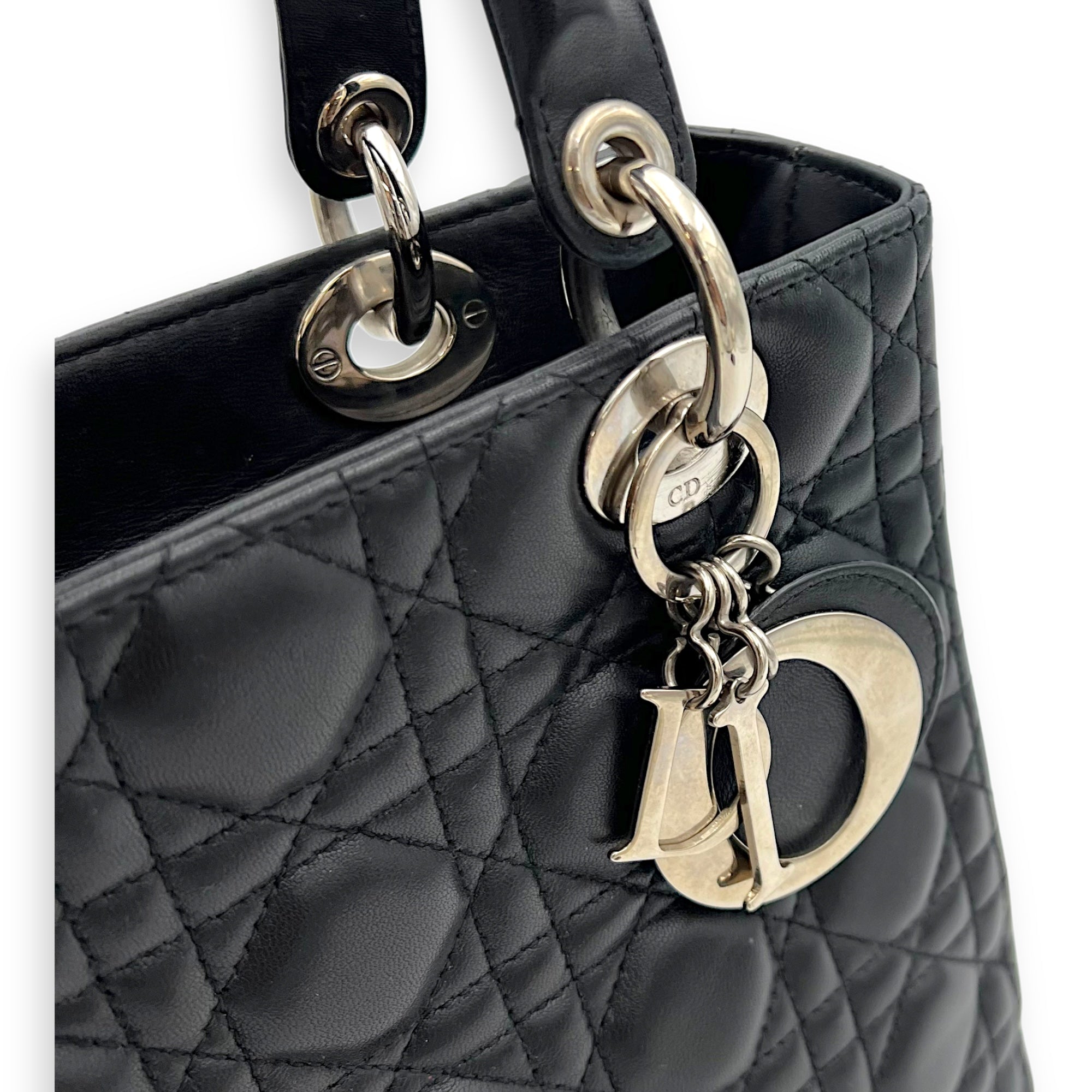 Christian Dior Lady Dior Medium Black Top Handle Bag in Lambskin, Silver hardware_6