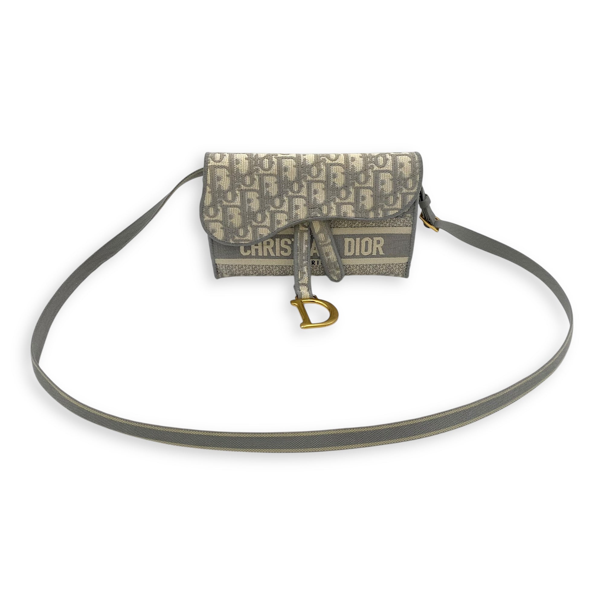 Christian Dior Saddle Belt Bag Grey in Jacquard, Gold hardware_10