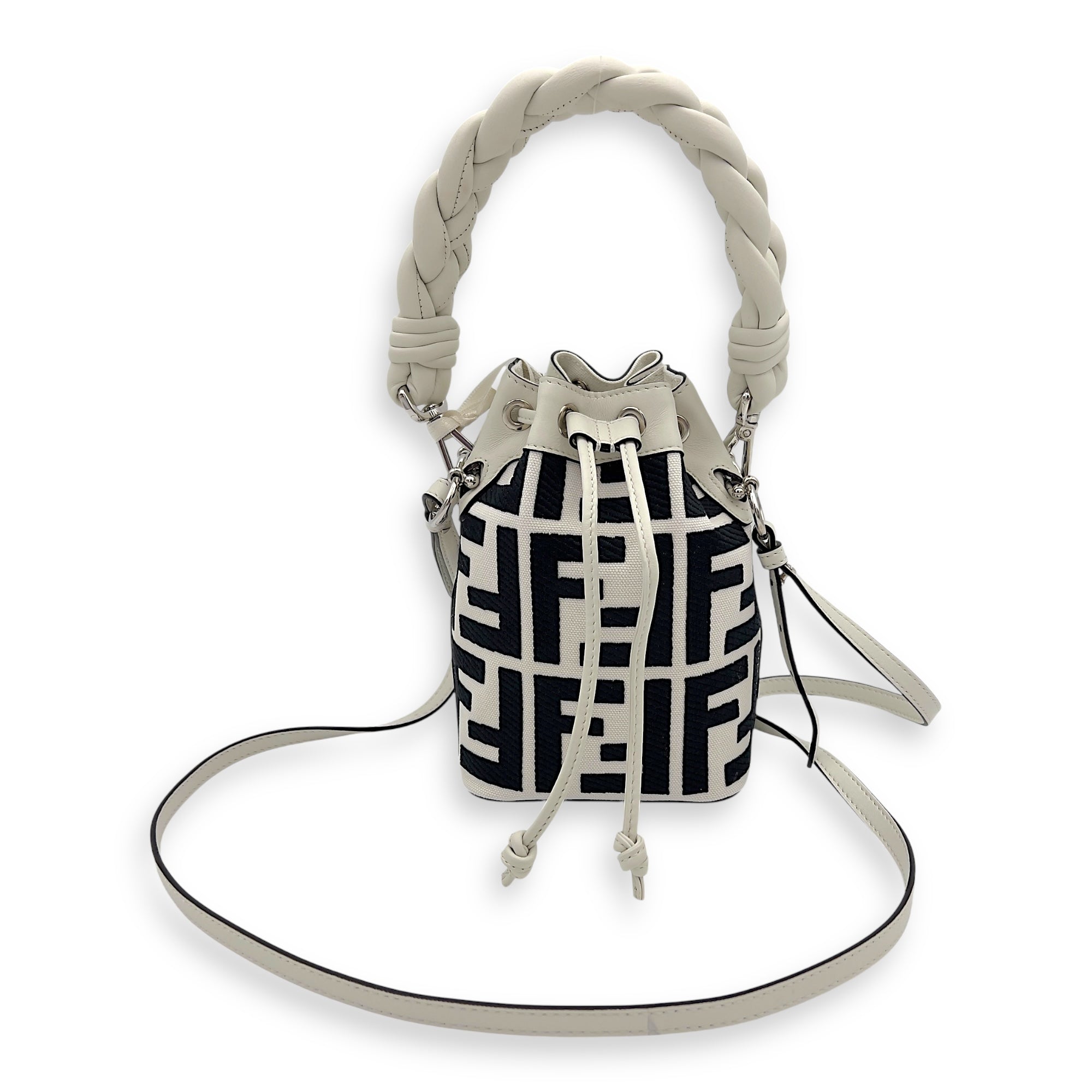 Fendi Mon Tresor Mini White Bucket Bag in Canvas, Silver hardware_7