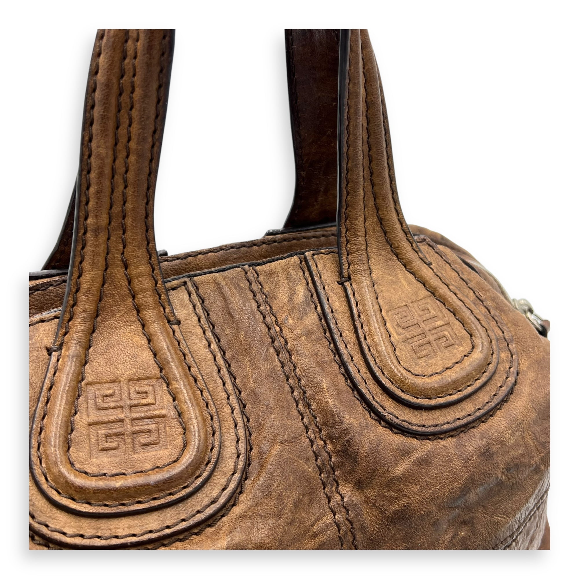 Givenchy Nightingale Small Brown Top Handle Bag in Distressed Leather, Silver hardware_6