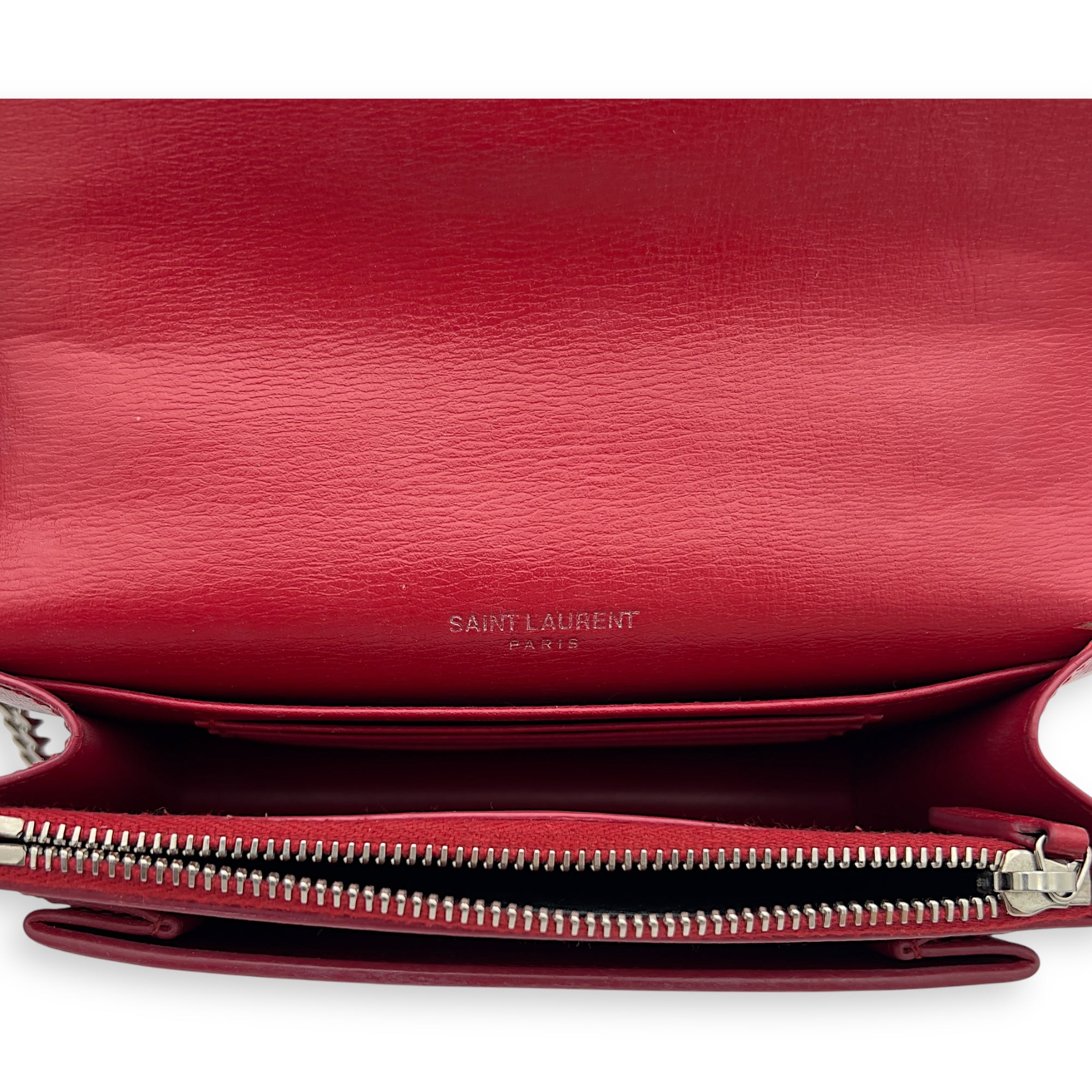 Saint Laurent Sunset Mini Red Shoulder Bag in Calfskin, Silver hardware_6