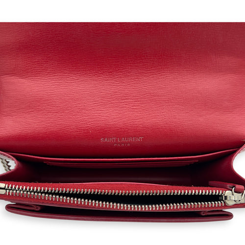 Saint Laurent Sunset Mini Red Shoulder Bag in Calfskin, Silver hardware_6