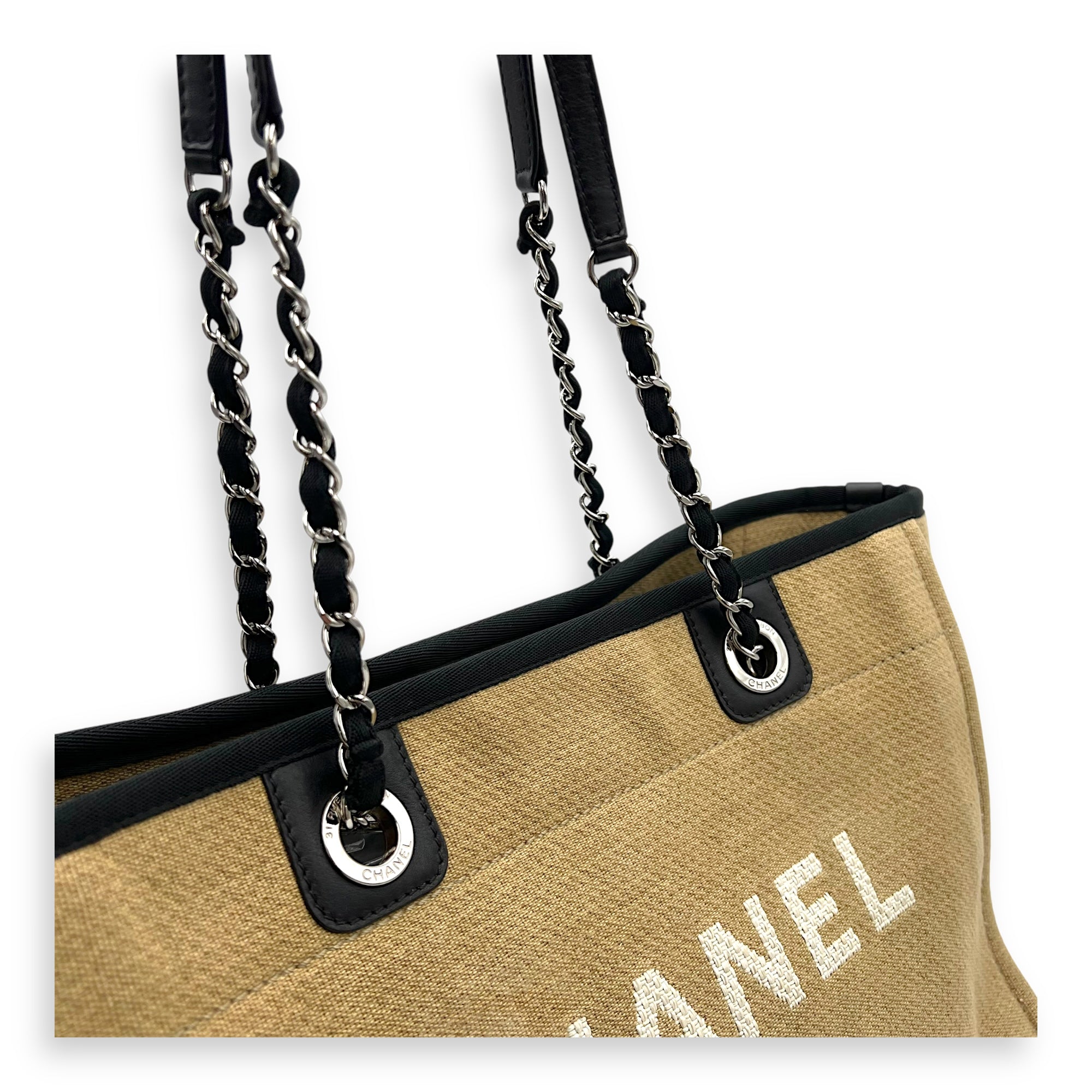 Chanel Deauville Tote Bag Beige in Canvas, Silver hardware_6