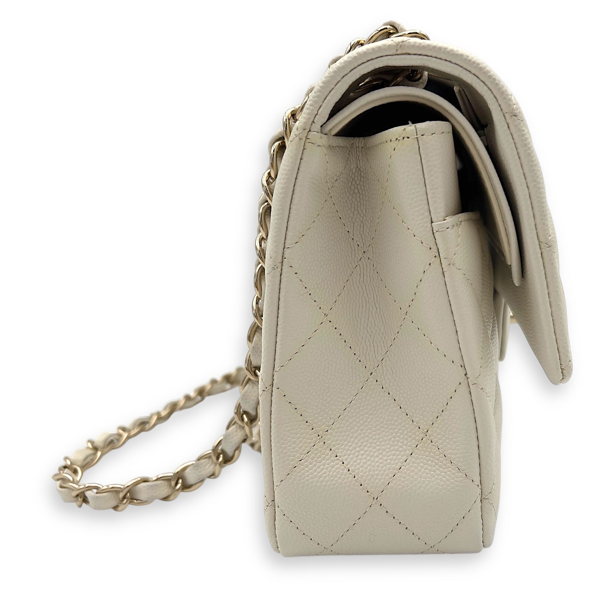 Chanel Classic Shoulder Bag White in Caviar Leather, Light Gold hardware_6