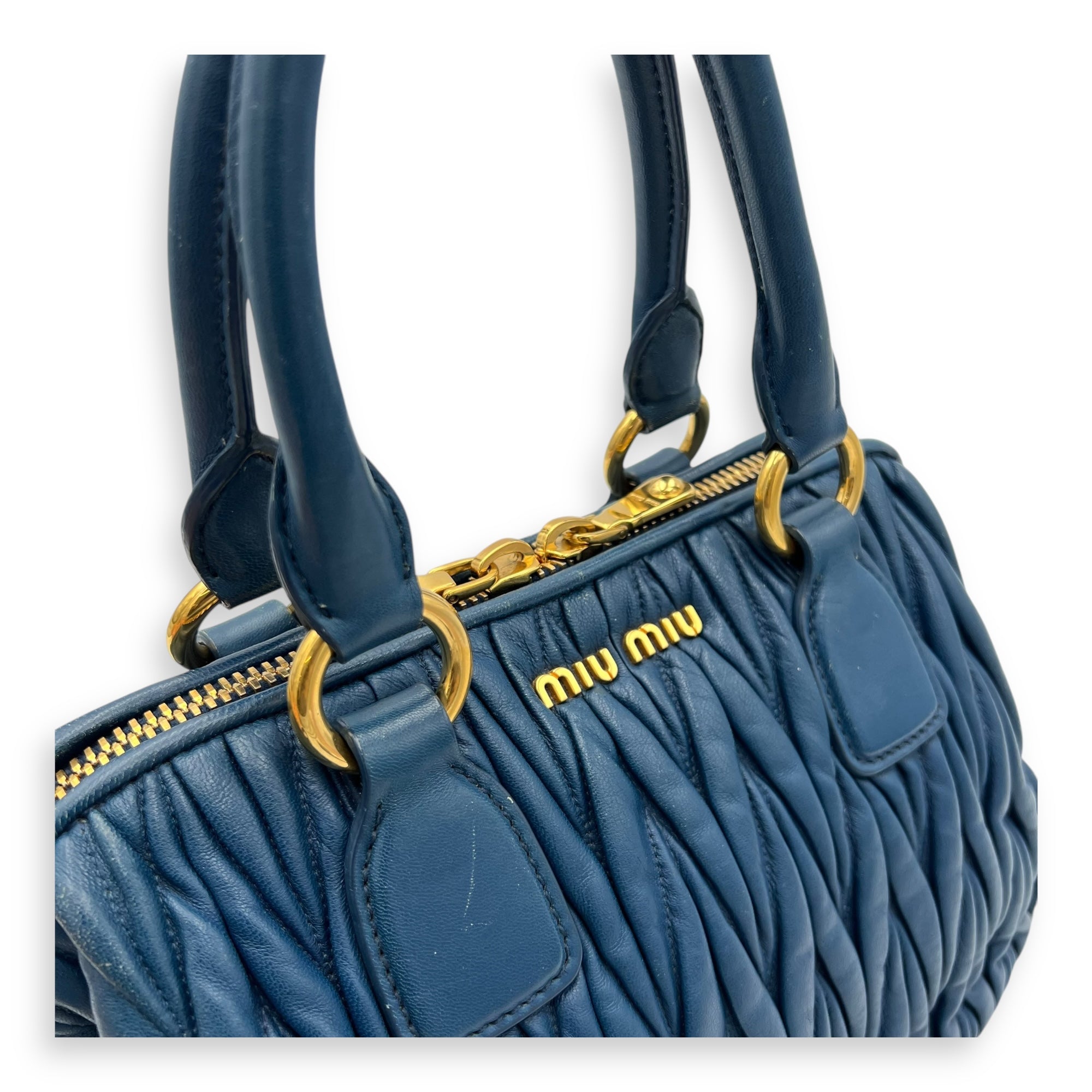 Miu Miu Gaufre Top Handle Bag Blue in Calfskin, Gold hardware_6