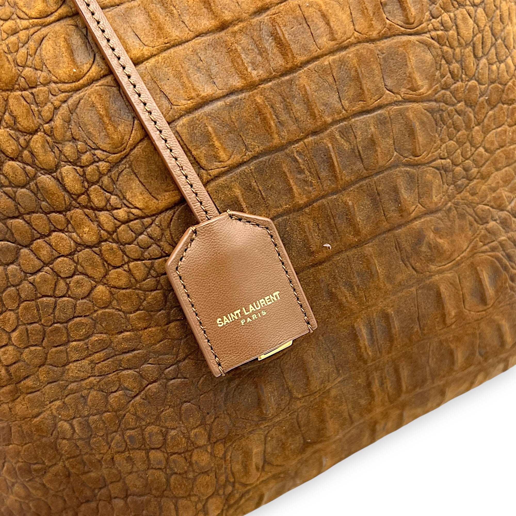 Saint Laurent Shopping Tote Bag Brown in Suede Leather, Gold hardware_6