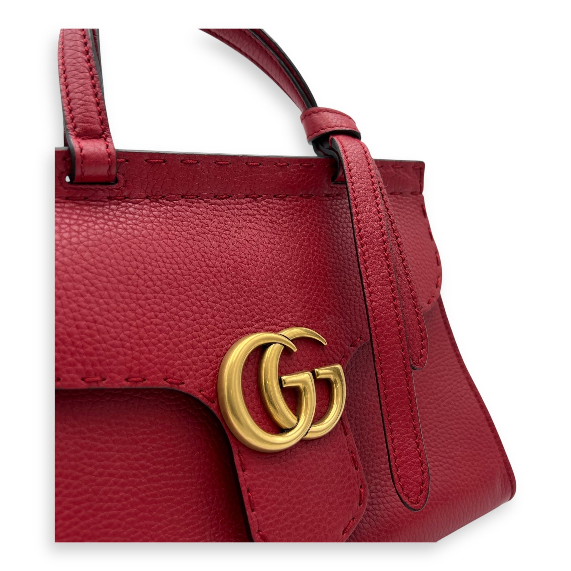 Gucci GG Marmont Top Handle Bag Red in Calfskin, Gold hardware_6