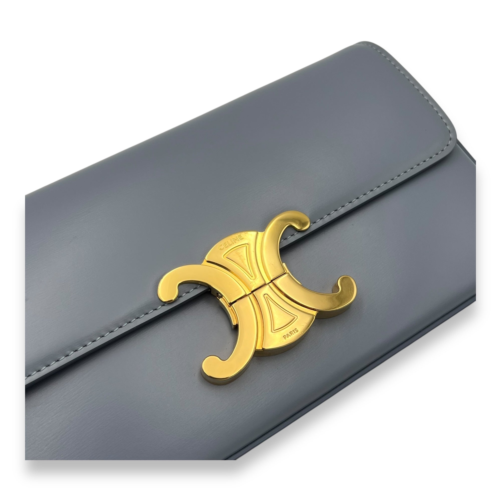 Celine Triomphe Shoulder Bag Blue Grey in Calfskin, Gold hardware_6
