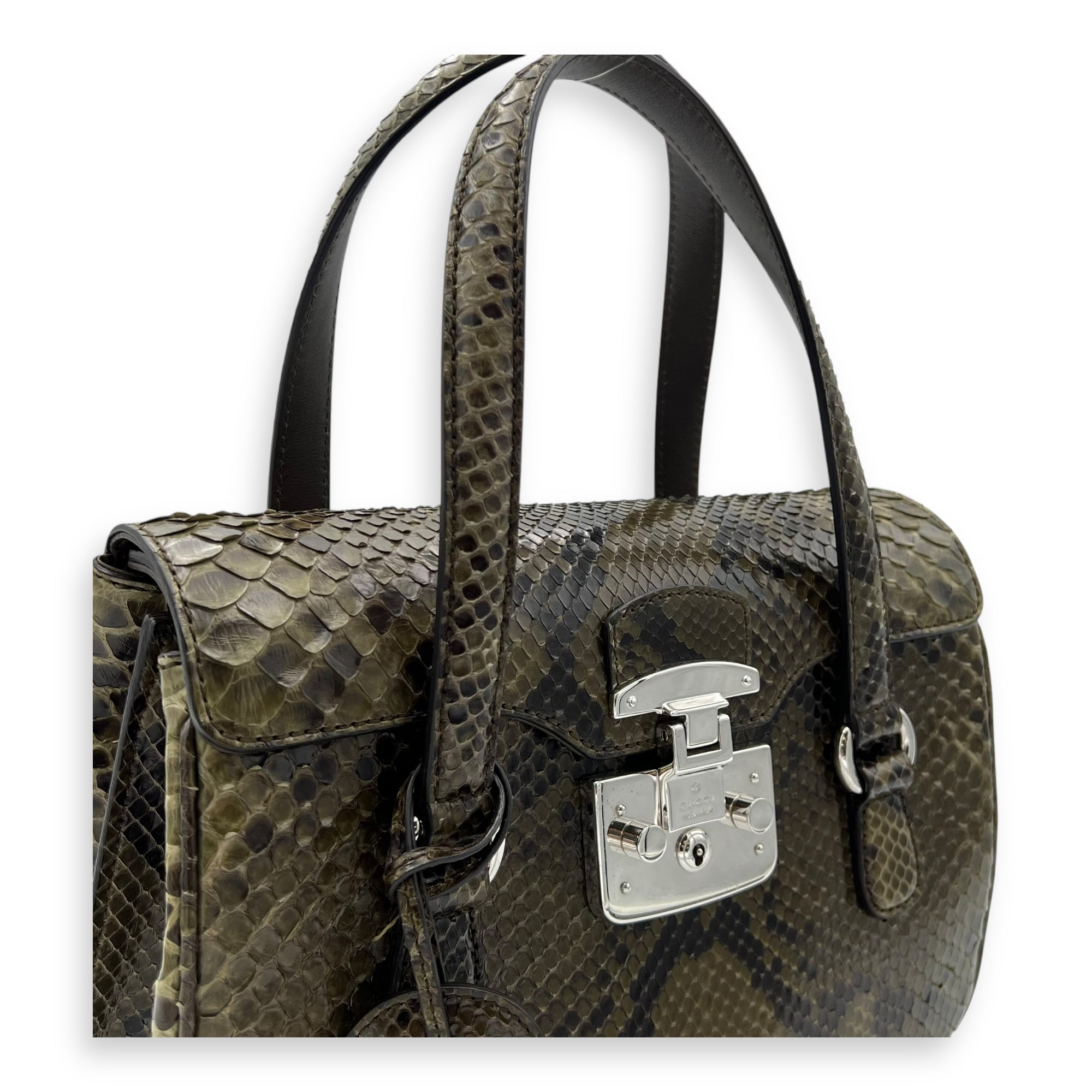 Gucci Flap Top Handle Bag Green in Python Leather, Silver hardware_6
