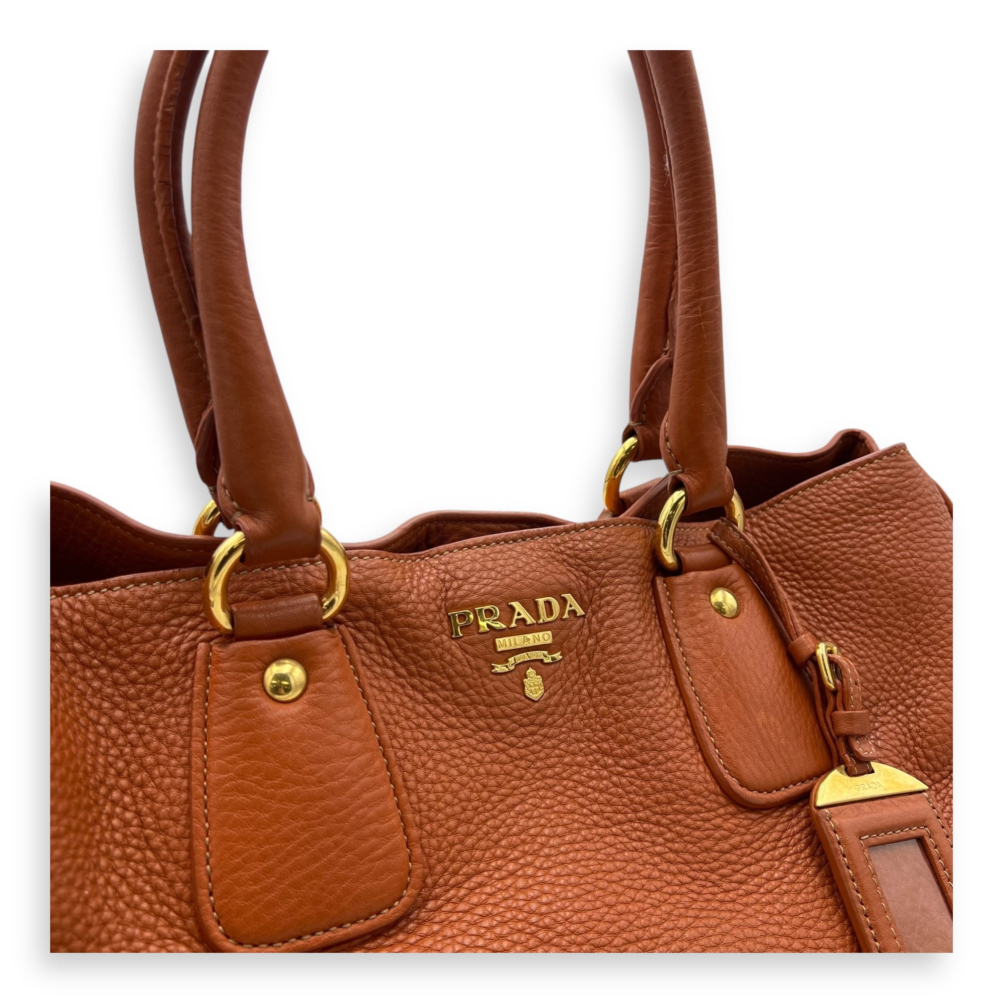 Prada Logo Top Handle Bag Orange in Calfskin, Gold hardware_6