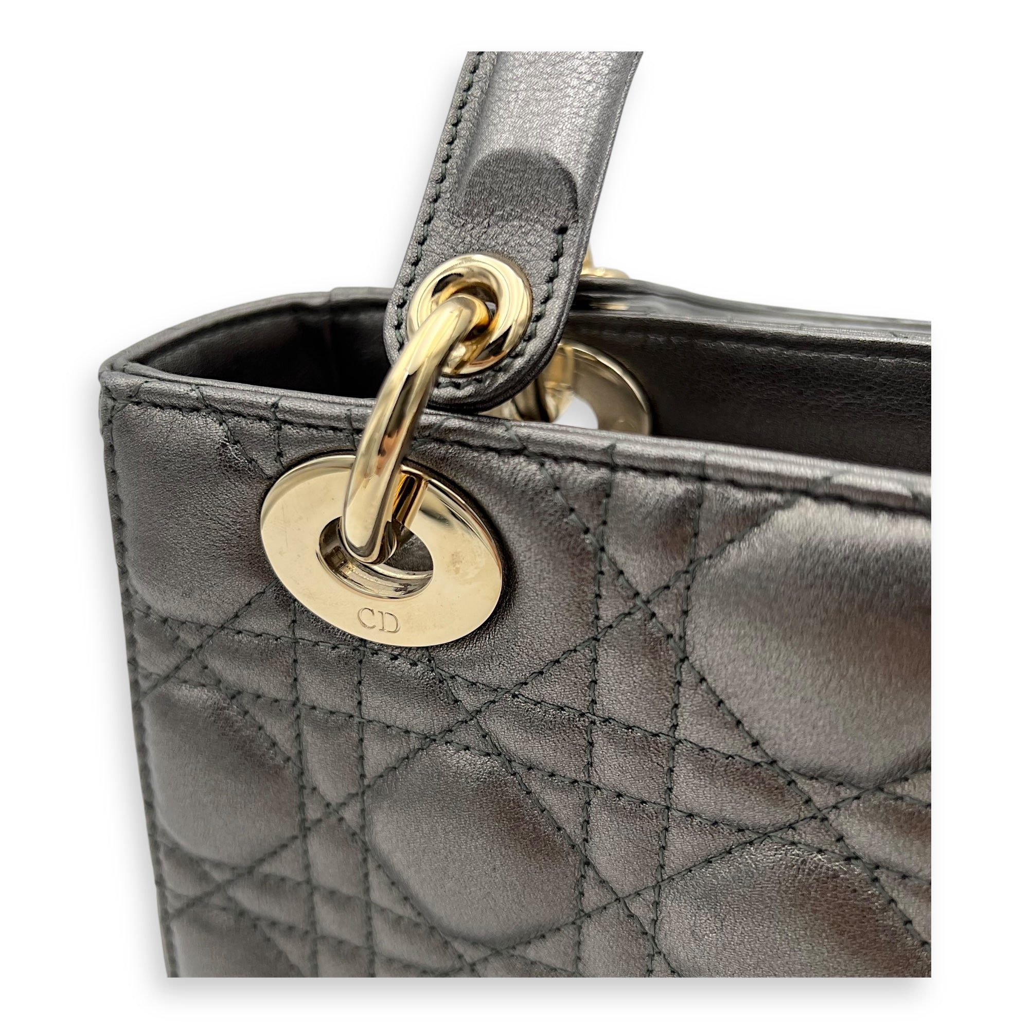 Christian Dior Lady Dior Small Grey Top Handle Bag in Calfskin, Gold hardware_7