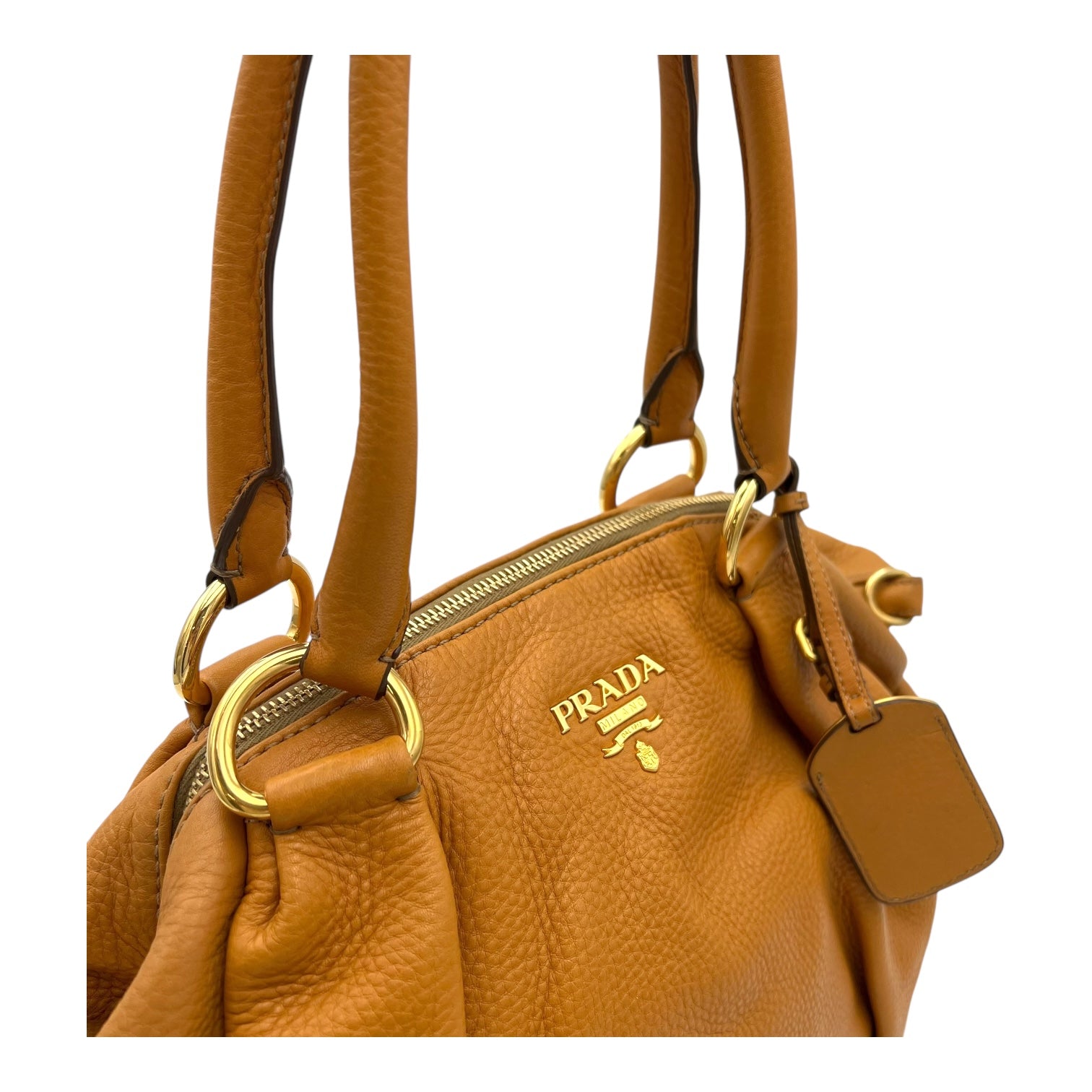 Prada Logo Top Handle Bag Yellow in Calfskin, Gold hardware_6
