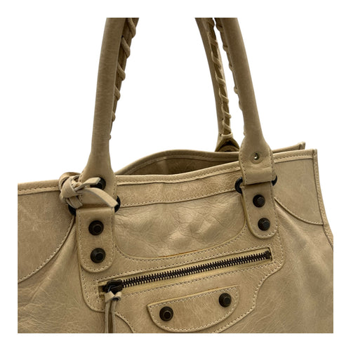 Balenciaga Shopper Beige Tote Bag in Distressed Leather, Gunmetal hardware_6