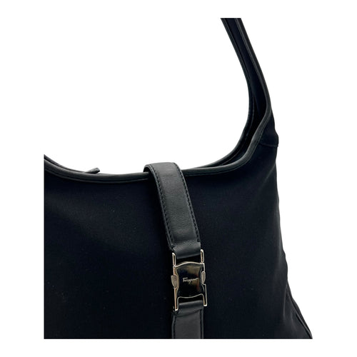 Salvatore Ferragamo Logo Shoulder Bag Black in Nylon, Silver hardware_6