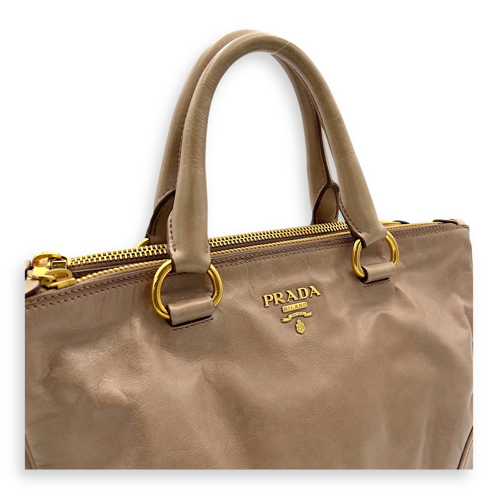 Prada Logo Top Handle Bag Beige in Calfskin, Gold hardware_6