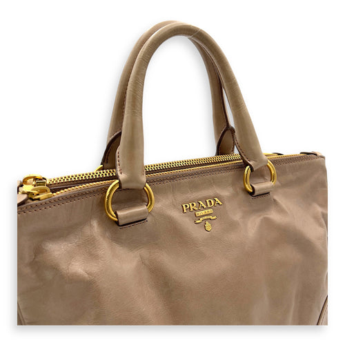 Prada Logo Top Handle Bag Beige in Calfskin, Gold hardware_6