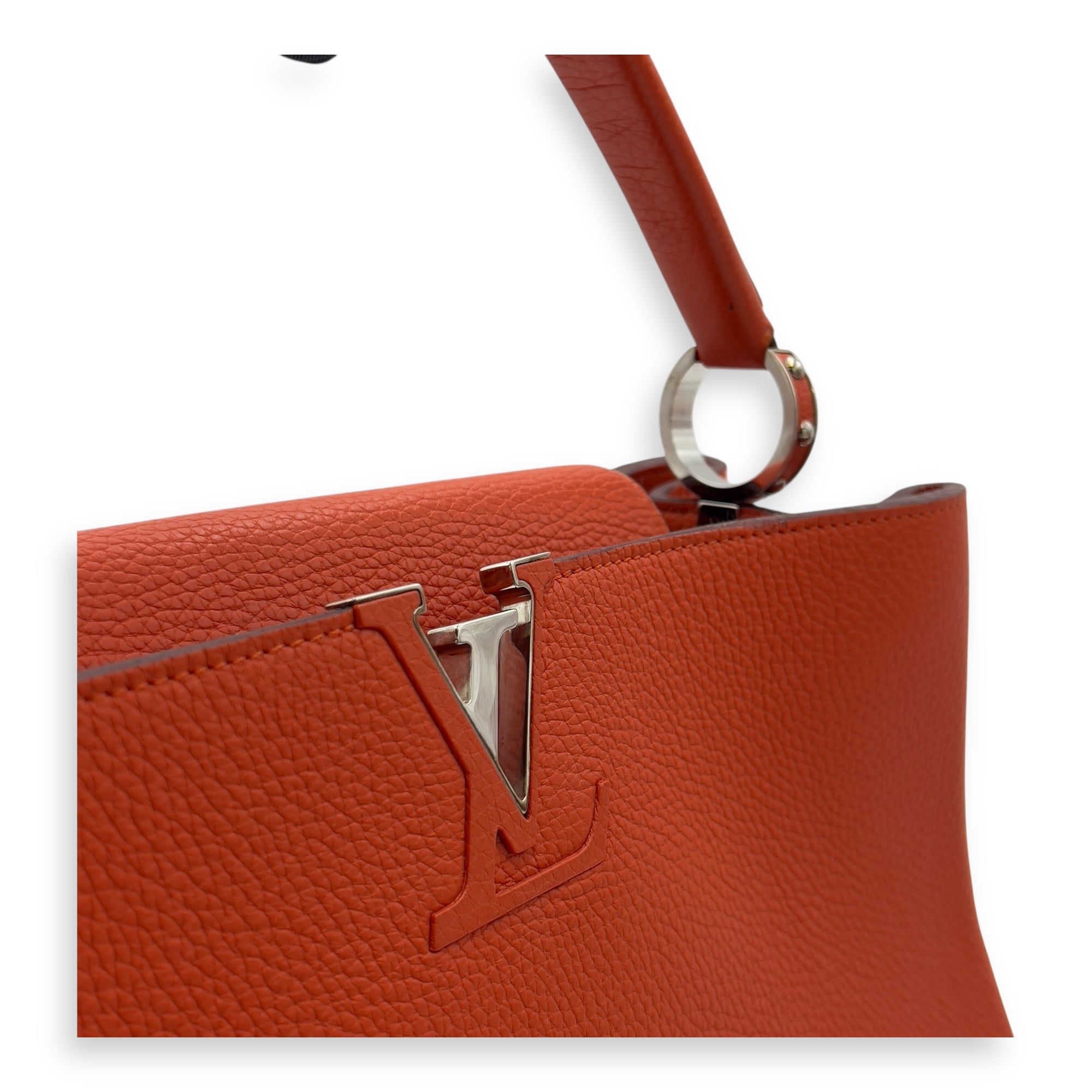 Louis Vuitton Capucines Top Handle Bag Orange in Taurillon Leather, Guilloche hardware_6