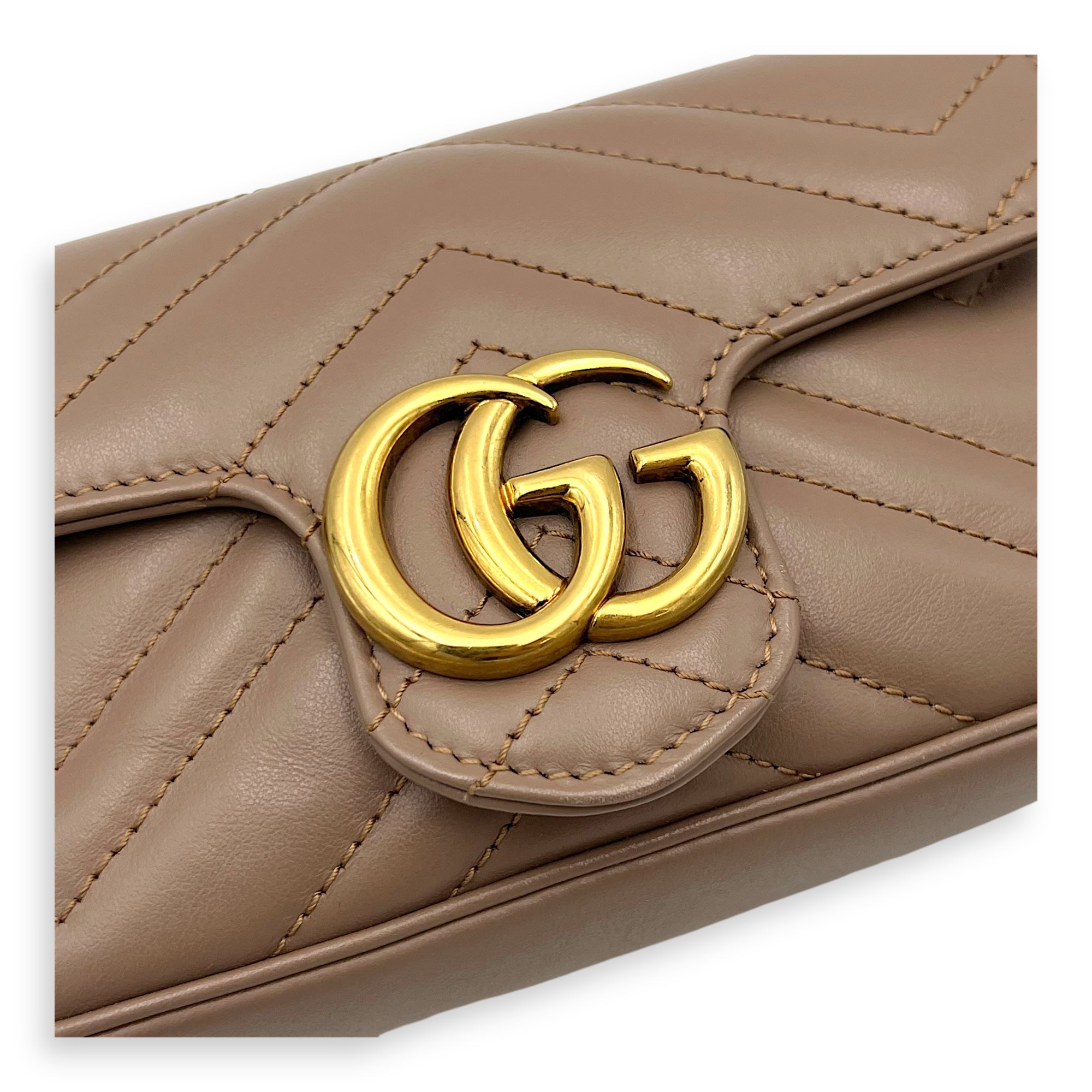 Gucci GG Marmont Shoulder Bag Super Mini Beige in Calfskin, Gold hardware_6