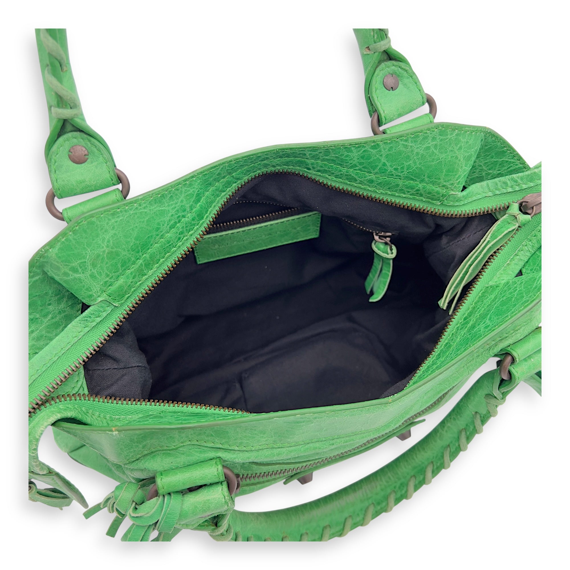 Balenciaga Motorcycle Town Green Top Handle Bag in Distressed Leather, Gunmetal hardware_6