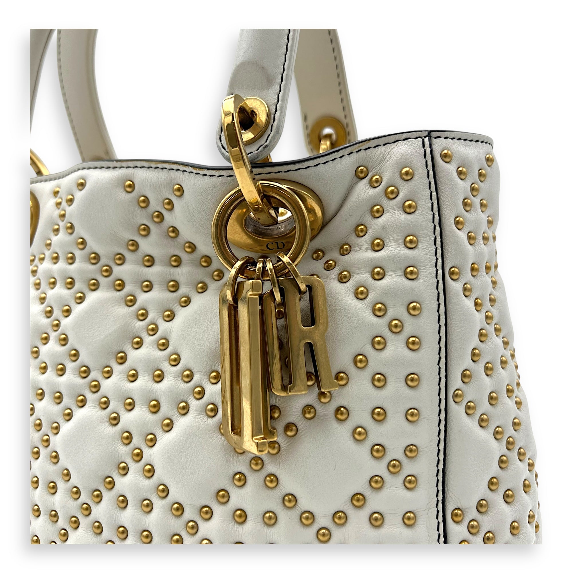 Christian Dior Lady Dior Top Handle Bag White in Calfskin, Gold hardware_6