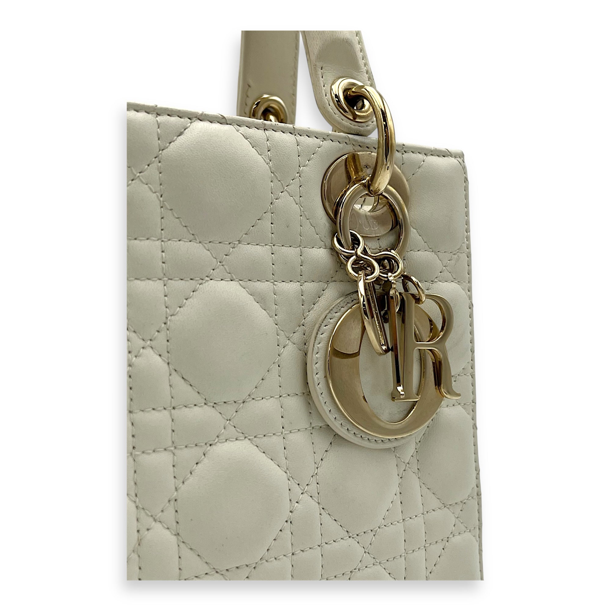Christian Dior Lady Dior Small White Top Handle Bag in Lambskin, Gold hardware_6