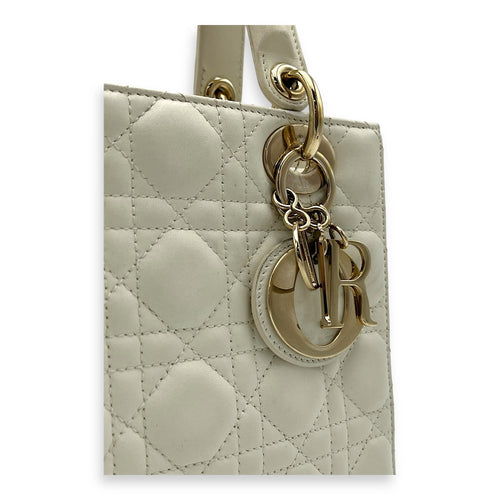 Christian Dior Lady Dior Small White Top Handle Bag in Lambskin, Gold hardware_6