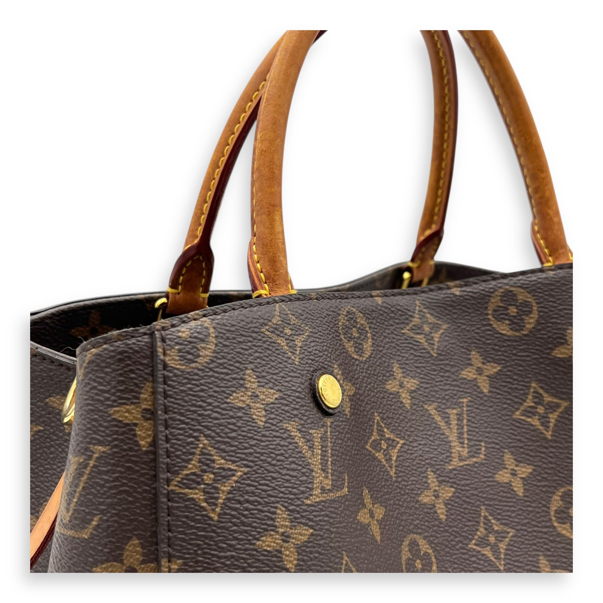 Louis Vuitton Montaigne MM Brown Top Handle Bag in Monogram Coated Canvas, Gold hardware_6