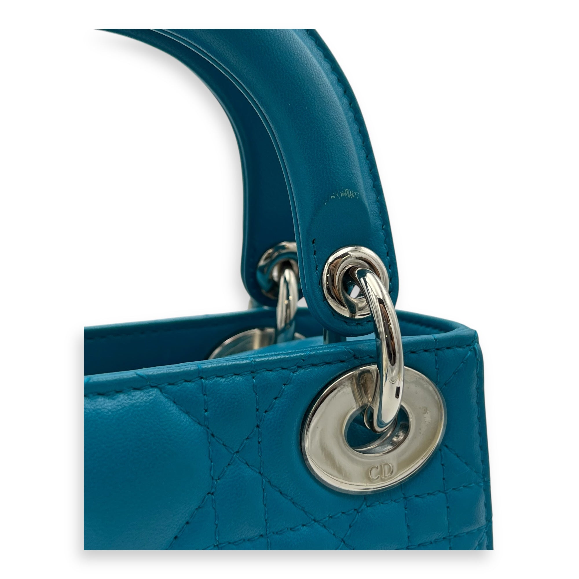 Christian Dior Lady Dior Top Handle Bag Mini Blue in Lambskin, Silver hardware_6