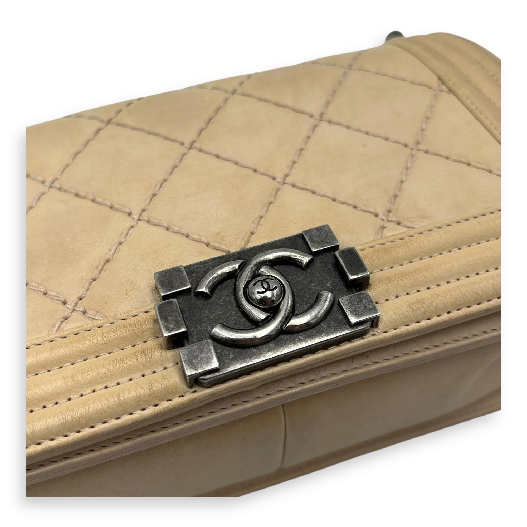 Chanel Boy Crossbody Bag Medium Beige in Calfskin, Silver hardware_6