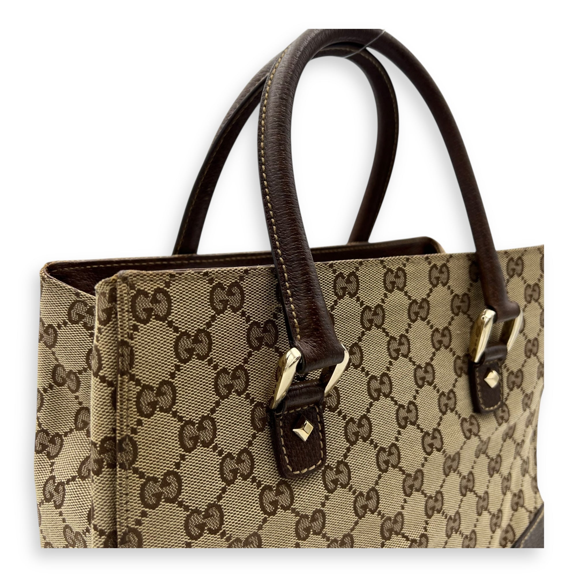 Gucci Nailhead Brown Top Handle Bag in Canvas, Gold hardware_6