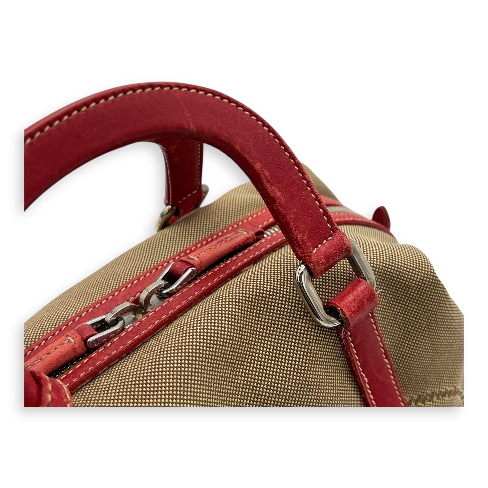 Prada Logo Top Handle Bag Brown in Canvas, Silver hardware_6