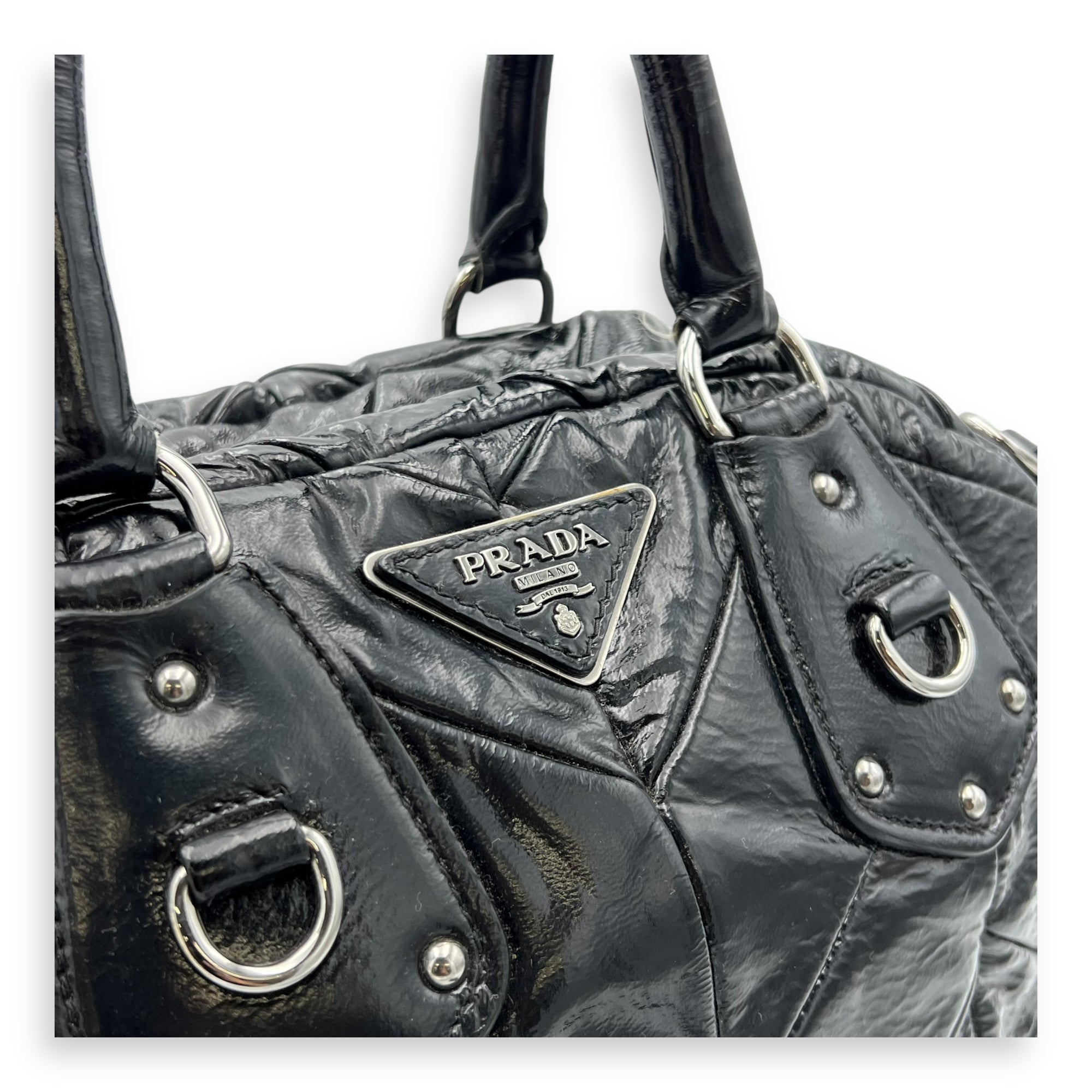 Prada Quilted Top Handle Bag Black in Glazed Calfskin, Silver hardware_6