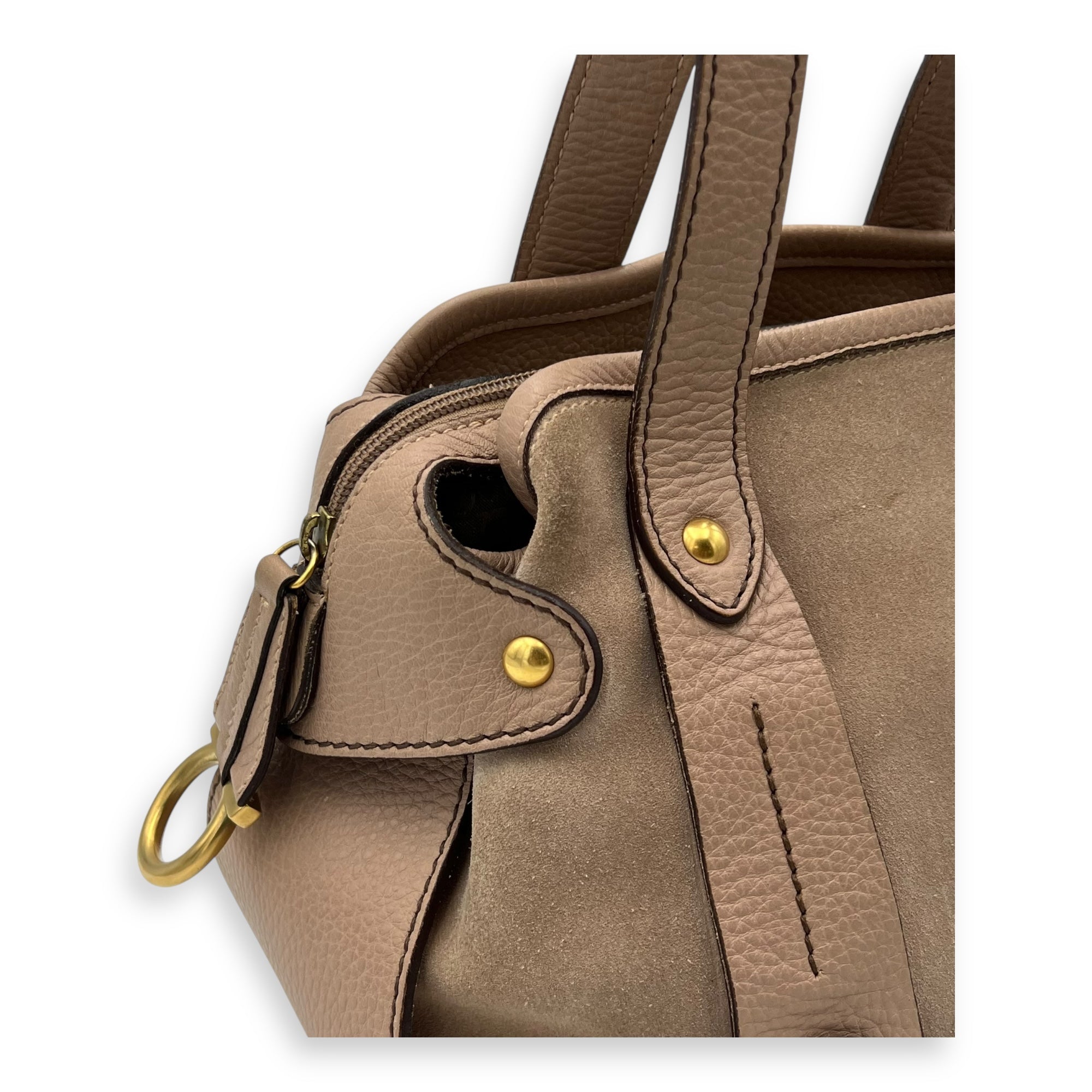 Salvatore Ferragamo Gancini Shoulder Bag Beige in Suede Leather, Gold hardware_6