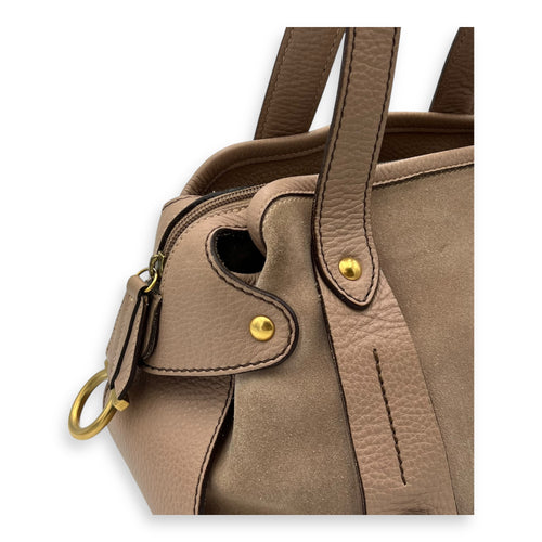 Salvatore Ferragamo Gancini Shoulder Bag Beige in Suede Leather, Gold hardware_6