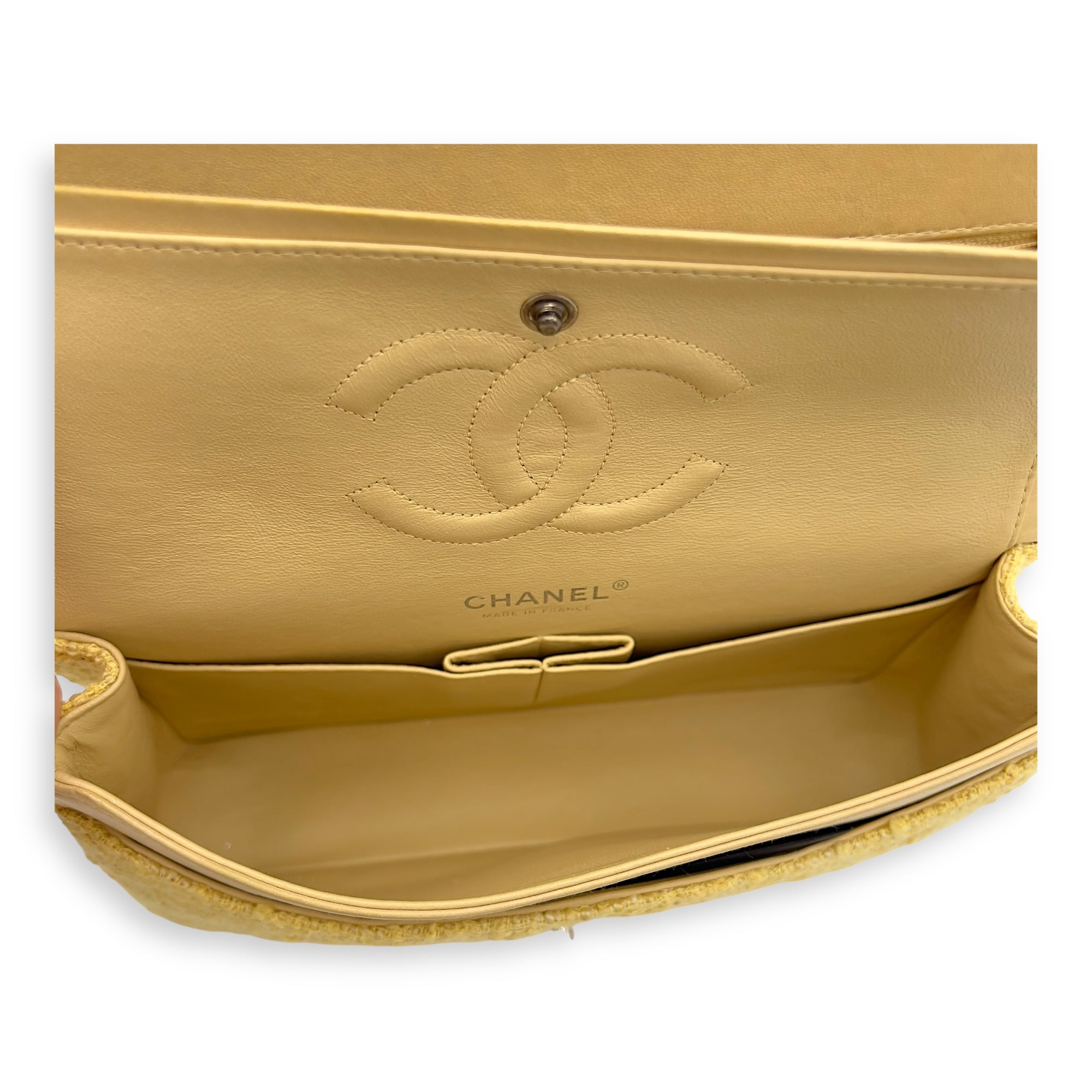 Chanel Classic Shoulder Bag Yellow in Tweed, Silver hardware_8