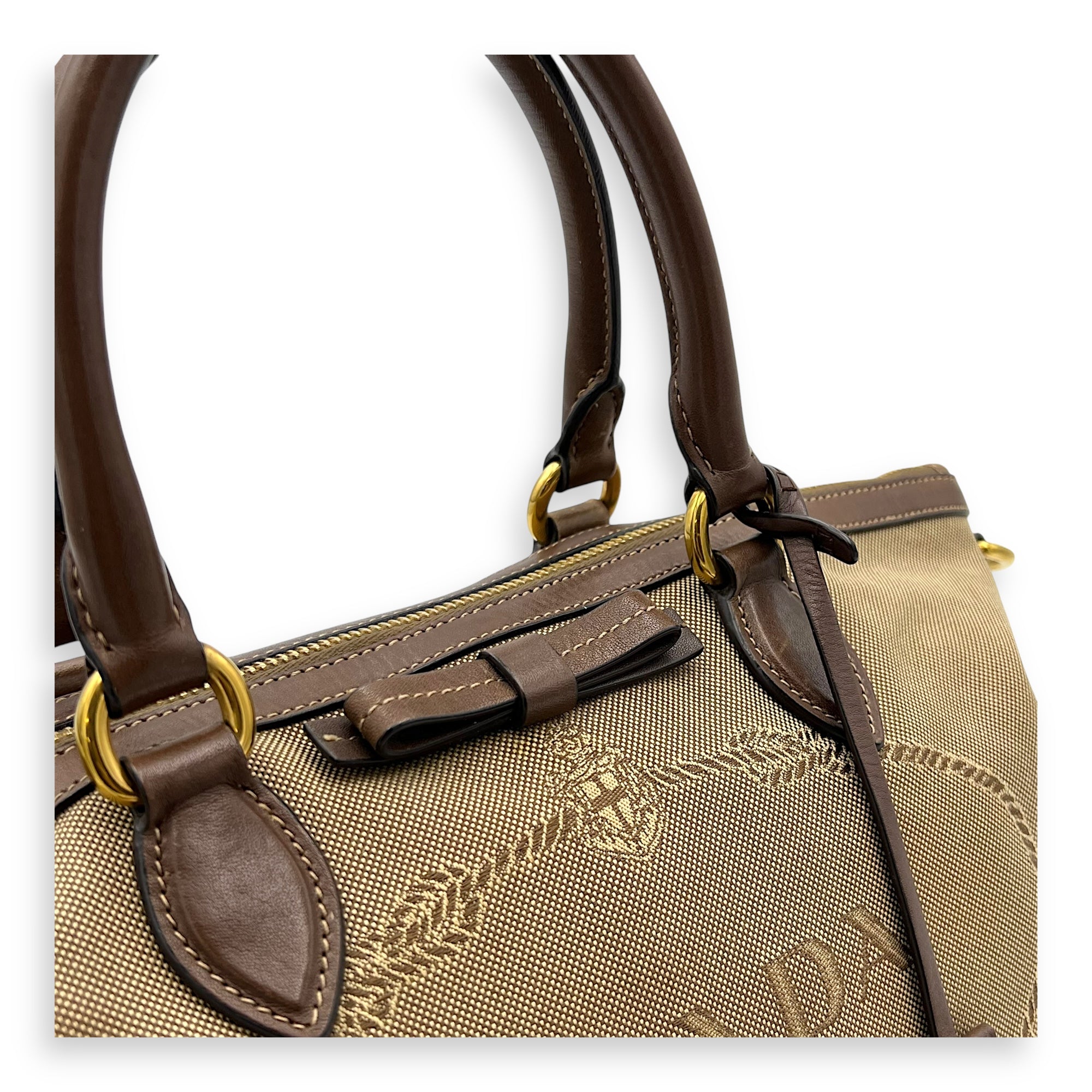 Prada Logo Small Brown Top Handle Bag in Canvas, Gold hardware_6