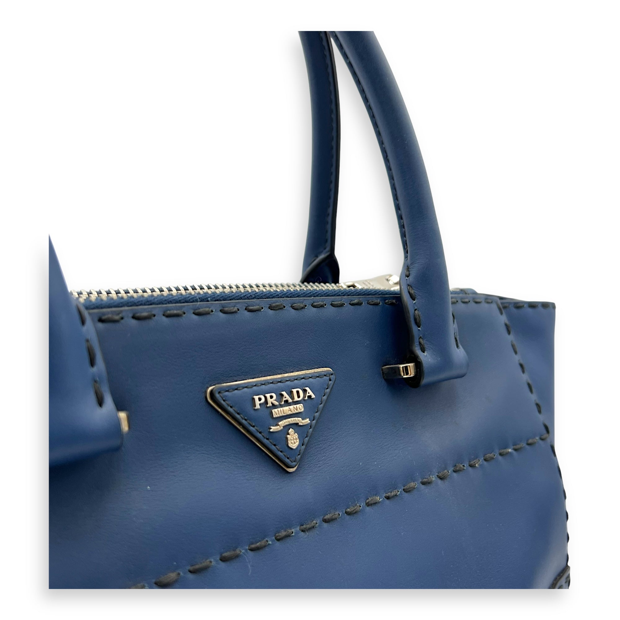 Prada Logo Top Handle Bag Blue in Calfskin, Gold hardware_6