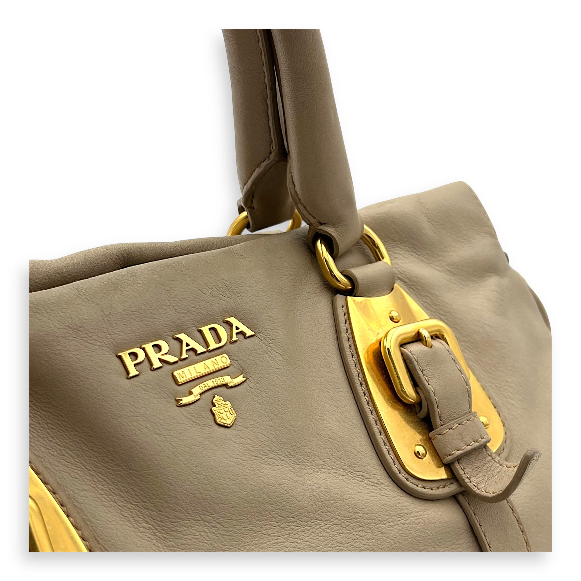 Prada Logo Top Handle Bag Beige in Calfskin, Gold hardware_6