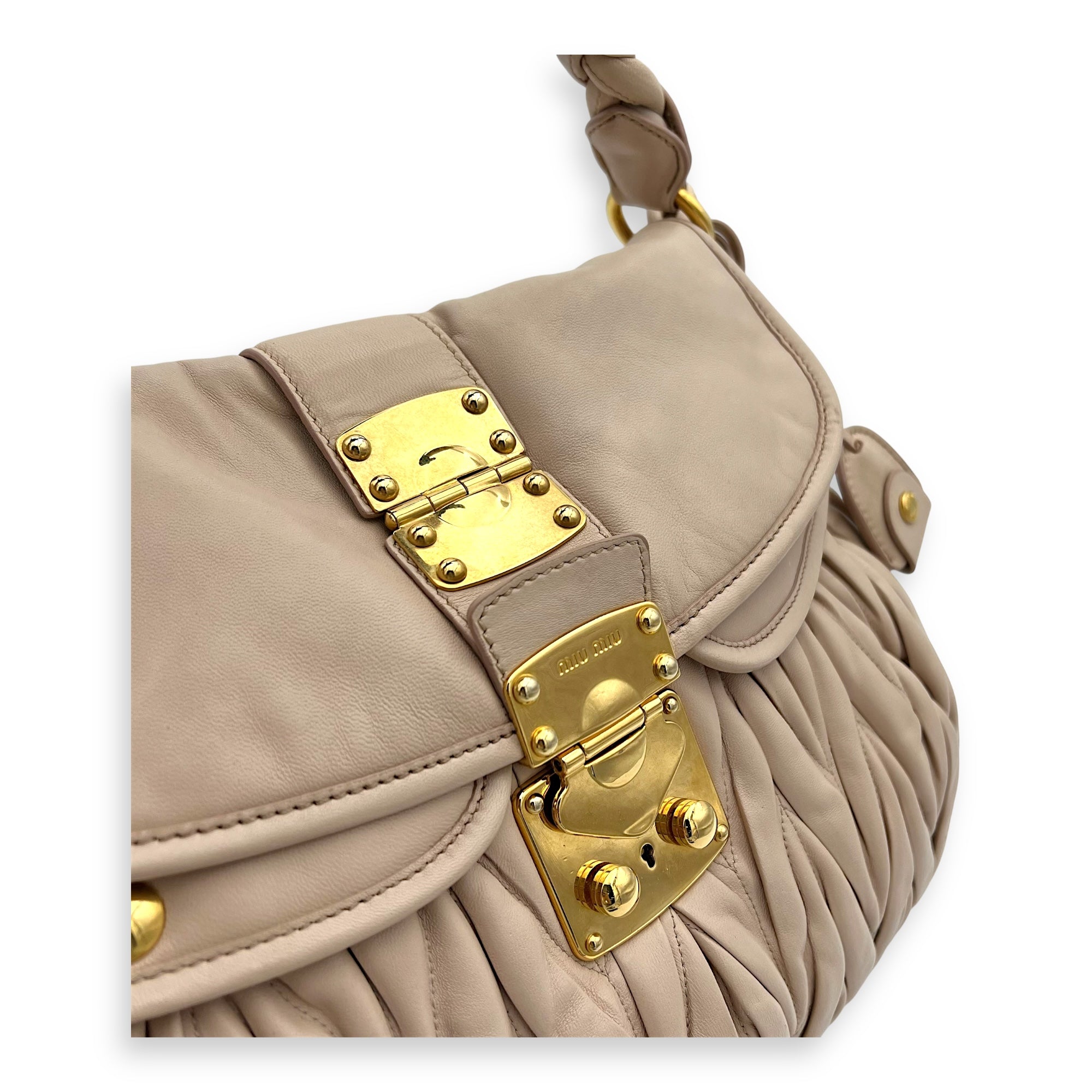 Miu Miu Gaufre Shoulder Bag Beige in Calfskin, Gold hardware_6